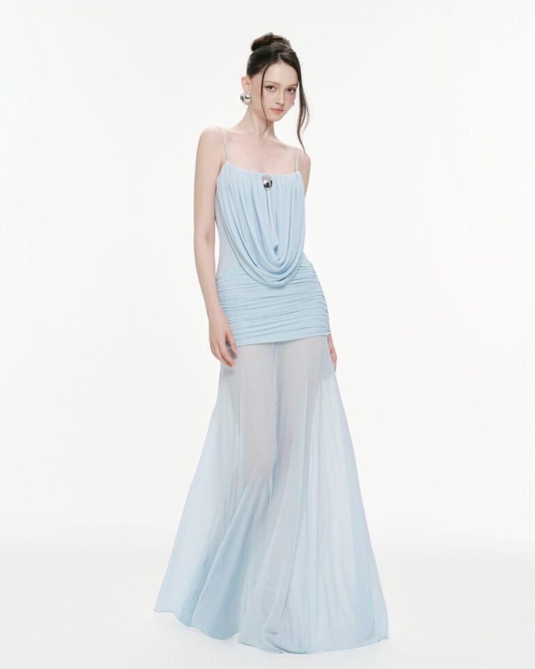 ร้านเช่าชุดราตรี Cowl-Neck Blue Dress