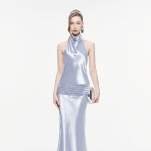 ร้านเช่าชุดราตรี Cowl Neck Silk Blue Dress