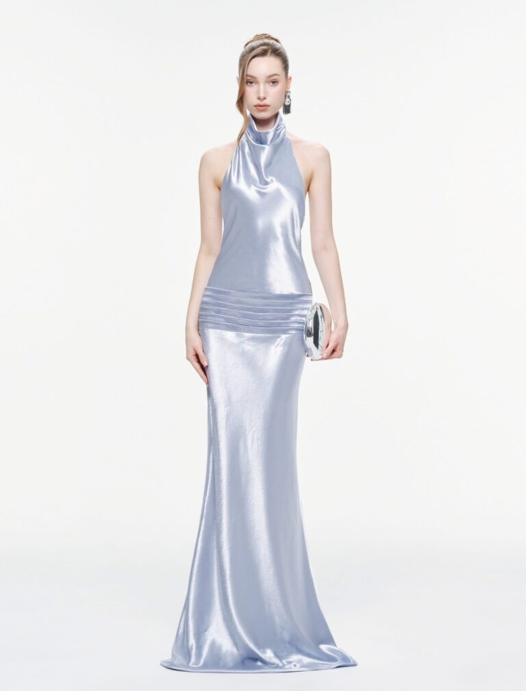 ร้านเช่าชุดราตรี Cowl Neck Silk Blue Dress